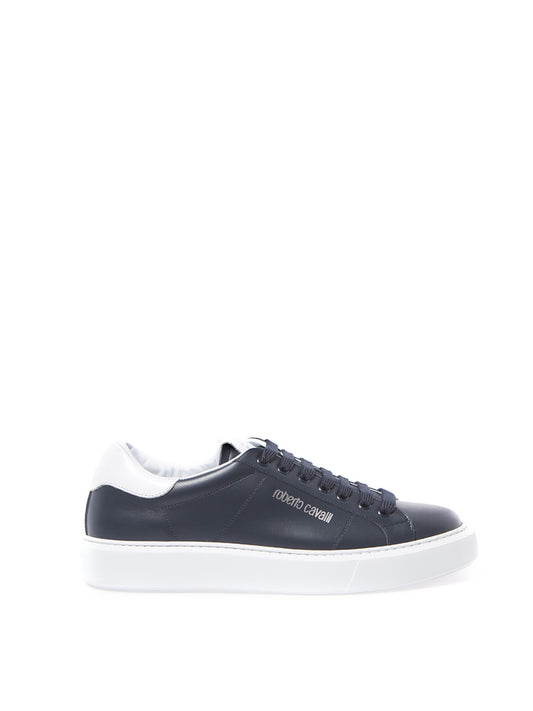 Roberto Cavalli Blue Leather Sneakers with Silver Logo