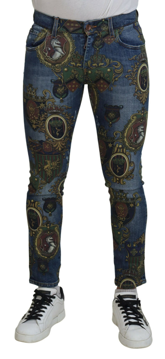Dolce & Gabbana Blue Medal Print Slim Fit Cotton Jeans